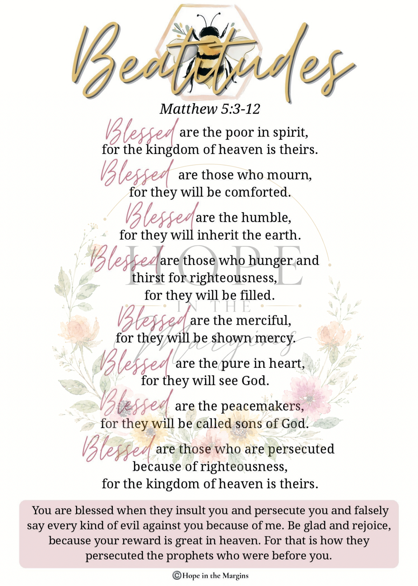 The Beatitudes Bible Study Insert | Matthew 5:3–12 | Sermon on the Mount | Christian Printable | Digital Download
